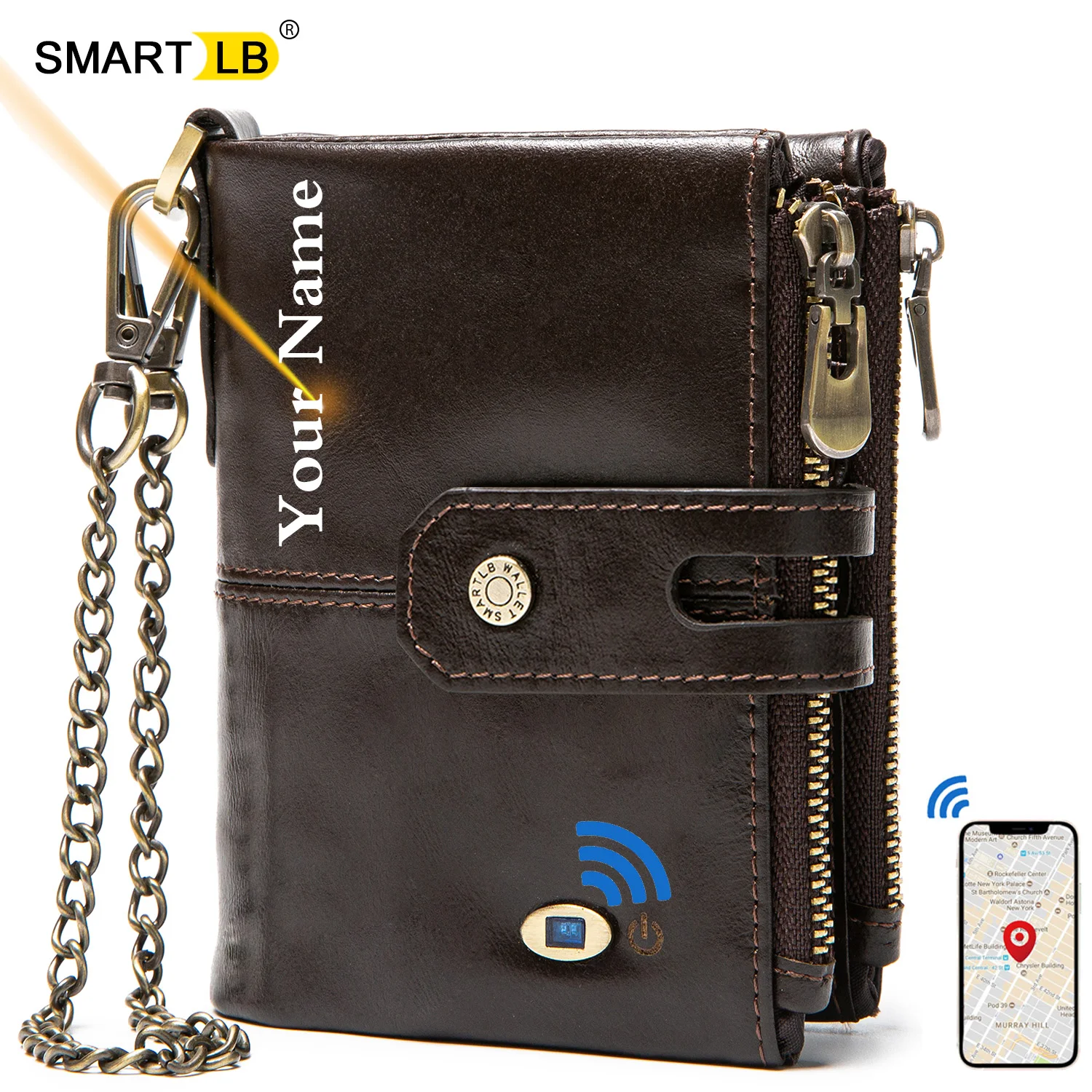 Smart anti-lost wallet GPS Record Bluetooth Tracker Genuine Leather Men Wallets Coin Chain Zipper Wallet Card holder
