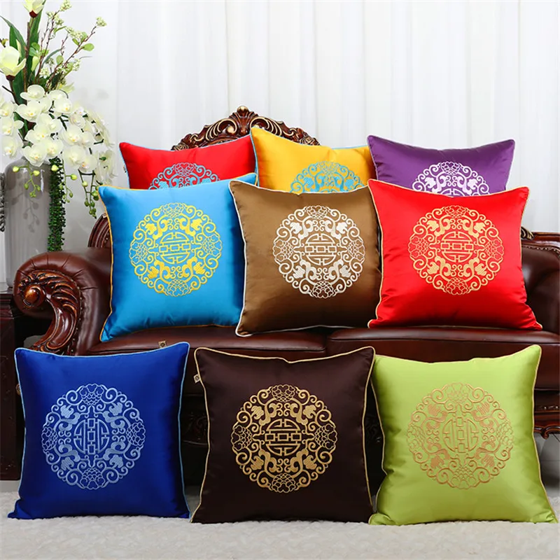 

Sofa Embroidered Cushon Cover Black Red Green Throw Pillowcase Pure Color New Chinese Style Waist Pillow Cover Decorative Cover