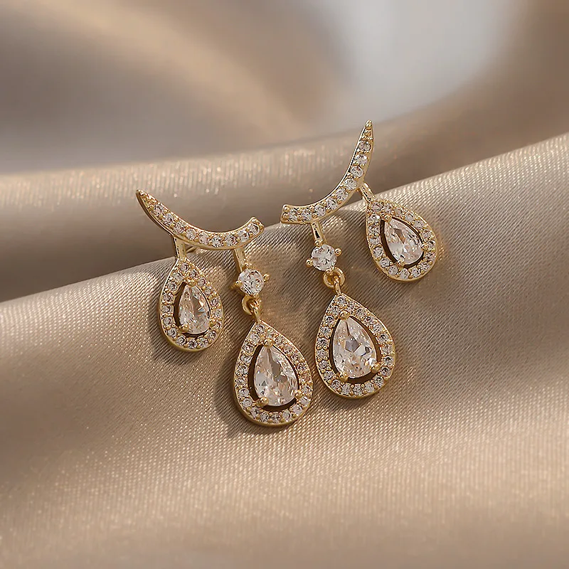 

Luxury Fashion AAA Cubic Zirconia Water Drop Pendant Stud Earrings for Woman Bride Wedding Gold Color Luxury Jewelry Accessories