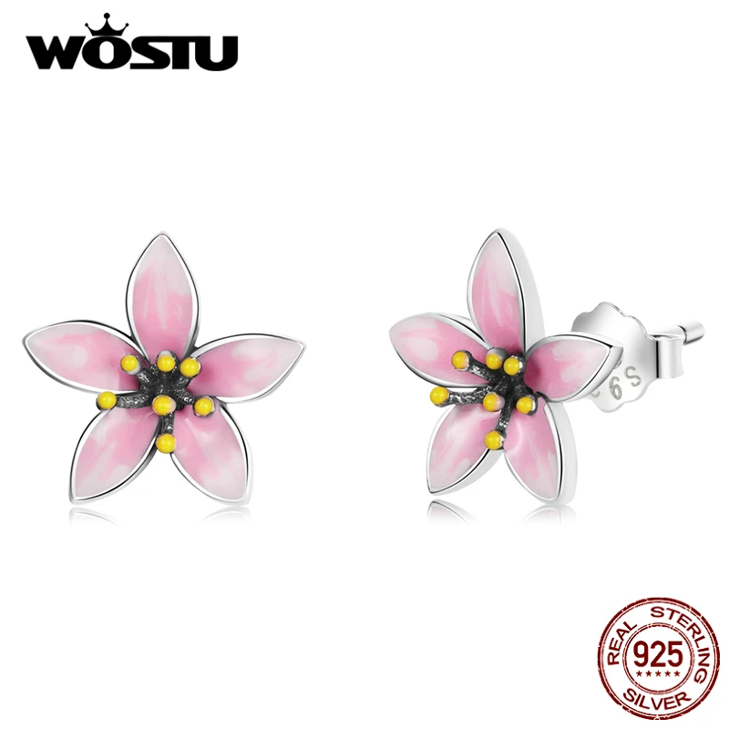 

WOSTU 925 Sterling Silver Pink Cherry Blossom Small Cute Stud Earrings For Women Fashion Party Jewelry CQE1273
