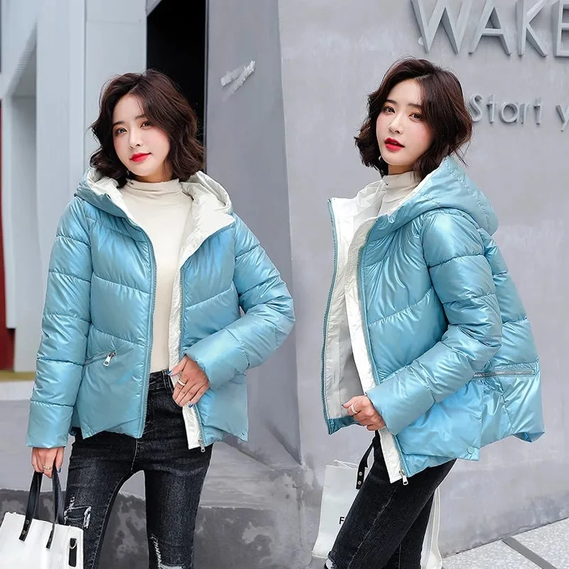 

Korean Style Glossy Short Quilted Jacket Women Down Cotton Zipper Contrast Color Hooded Coat Winter Fashion Female Padded Parkas