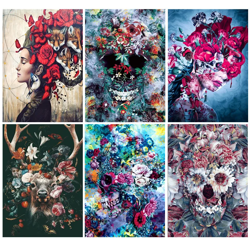 

DIY Painting By Numbers skull pattern Flowers HandPainted Oil Painting Drawing On Canvas Unique Gift Home Decoration