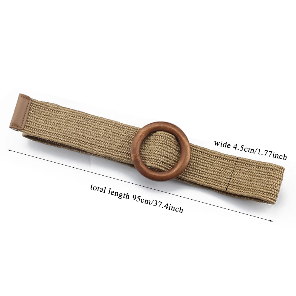 

1PC Braided Belt Vintage Boho Braided Waist Belt Round Wooden Smooth Buckle Fake Straw Wide Belt Women Fashion Waistband