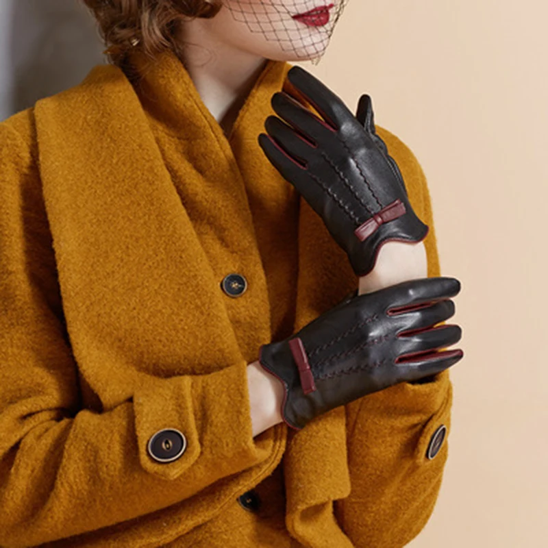 

Women's Genuine Leather Gloves Touch Screen Ladies Plus Velvet Thickened Warm Driving Mittens Female Luxury Goatskin Glove S2256