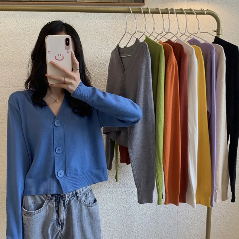 Маленький вязаный свитер женский весенний топ с коротким длинным рукавом в