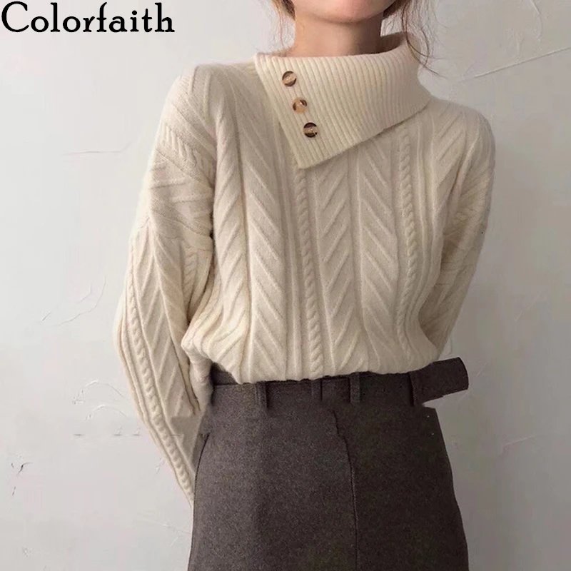 

Colorfaith New 2021 Women's Autumn Winter Knitwear Turtleneck Button Warm Pullover Korean Solid Minimalist Elegant Jumper SW9338