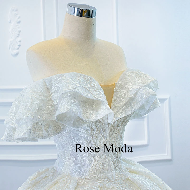

Rose Moda Luxury Off Shoulder Glittering Lace Wedding Dress Puffy Ball Gown Custom Make
