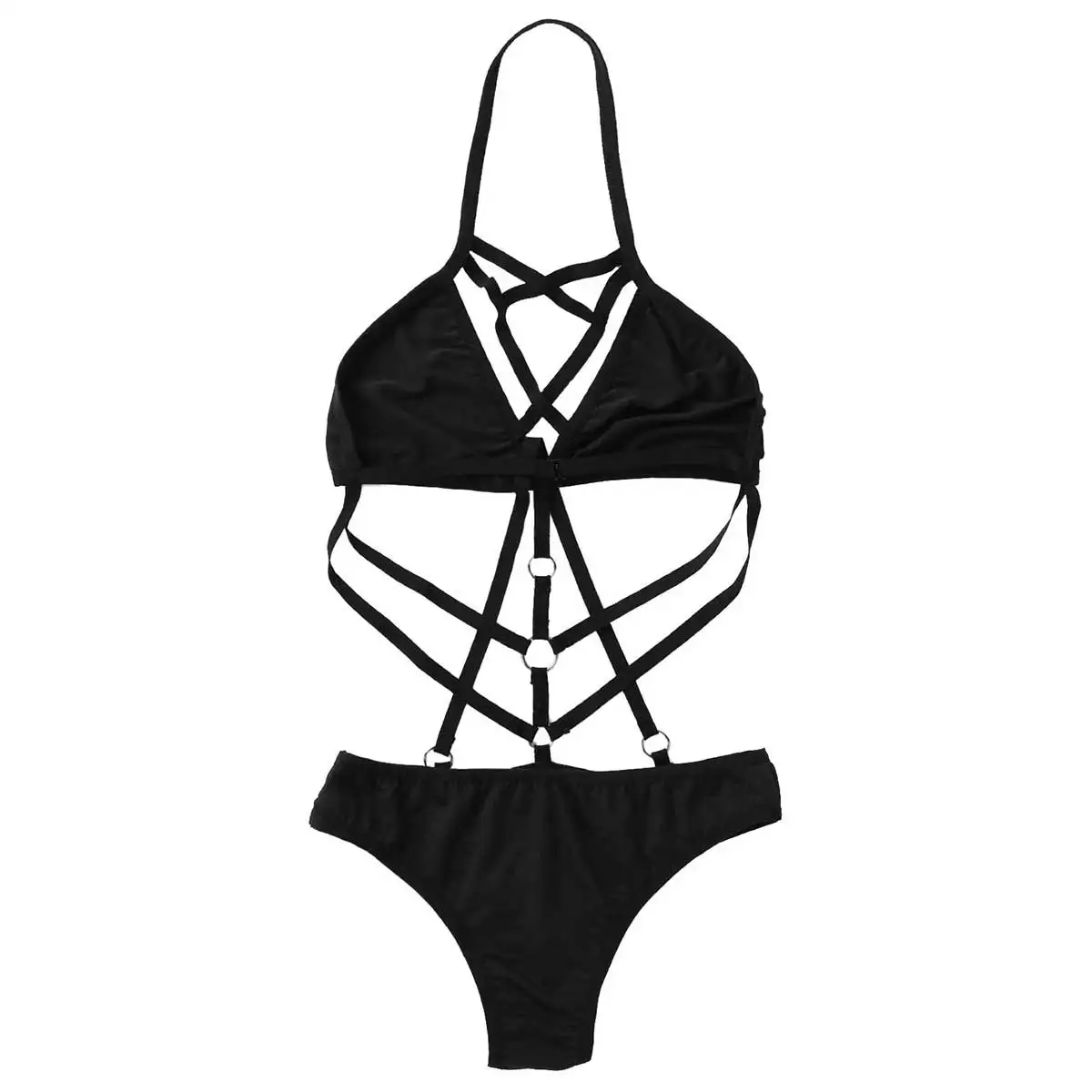 

Fashion Summer Women Sexy Bodysuit Elastic Halter Backless Hollow Out Strappy Leotard Club Party Costume