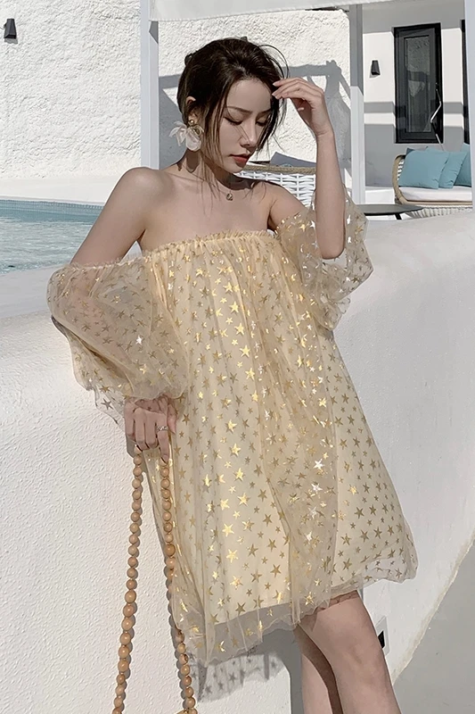 

COIGARSAM Fashion Print Women dress New Flare Sleeve Strapless Mesh Dresses Apricot A304