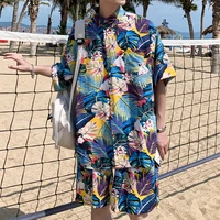 mens shirt shorts set printing 2021 summer new hawaiian beach casual loose hong kong style youth floral shirts two piece