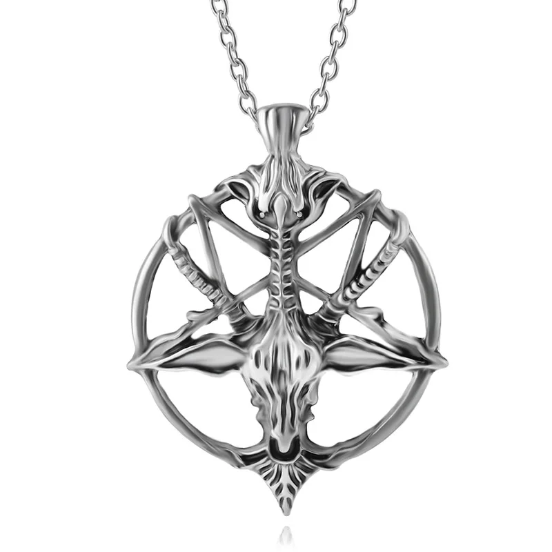 

Fashion Pentagram Pan God Skull Goat Head Pendant Necklace Luck Satan Mysticism Metal Retro Silver Plated Star Necklace