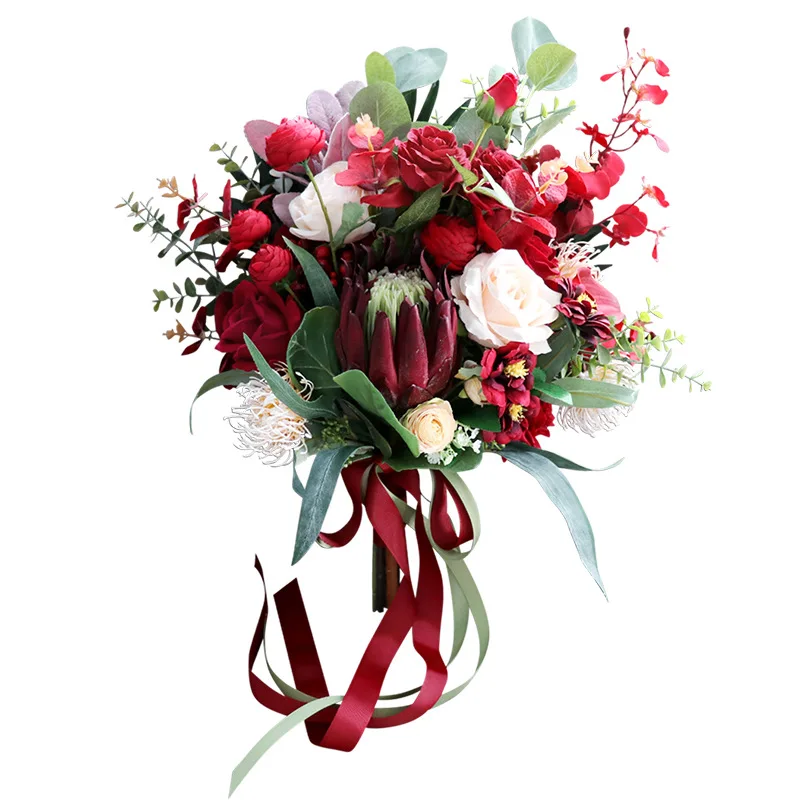 Vintage Dark Red Silk Flowers Protea cynaroides Wedding Bouquets Artificial Rose Bridal Bridesmaid Bouquet Accessories | Дом и сад