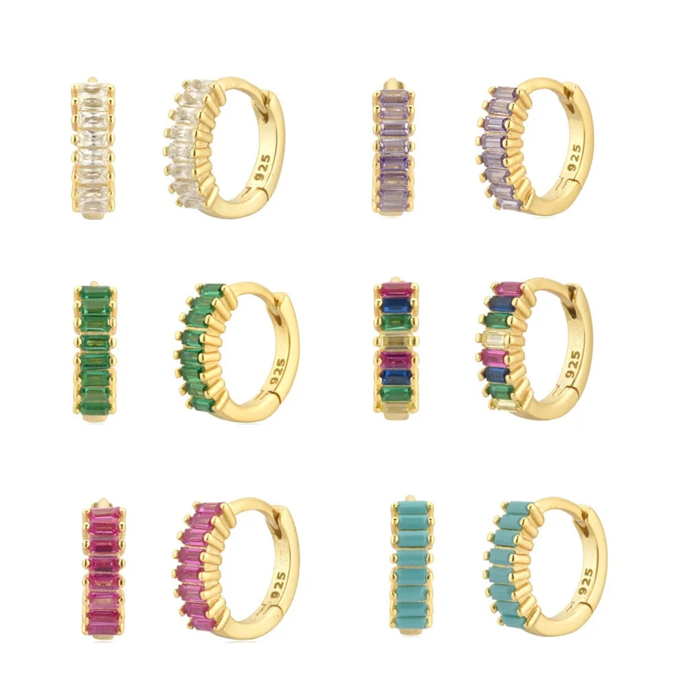 

Sterling Silver Mini Rectangular Colorful Zircon Small Hoop Earrings Simple INS 7.5mm Round Circle Earrings Jewelry korean