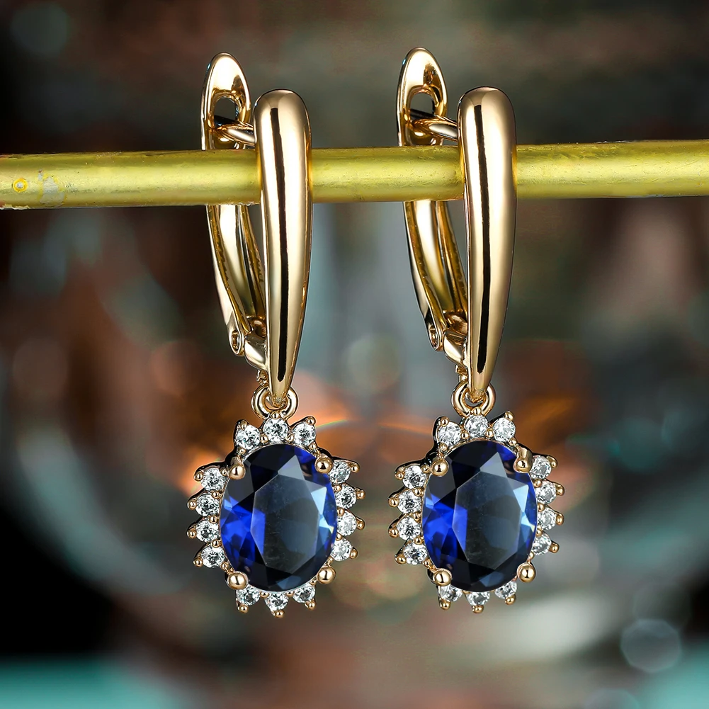 

Exquisite Royal Blue Zircon Dangle Earring for Women Shiny Round Sunflower Gold Ear Buckle Female Jewelry Wedding Birthday Gift