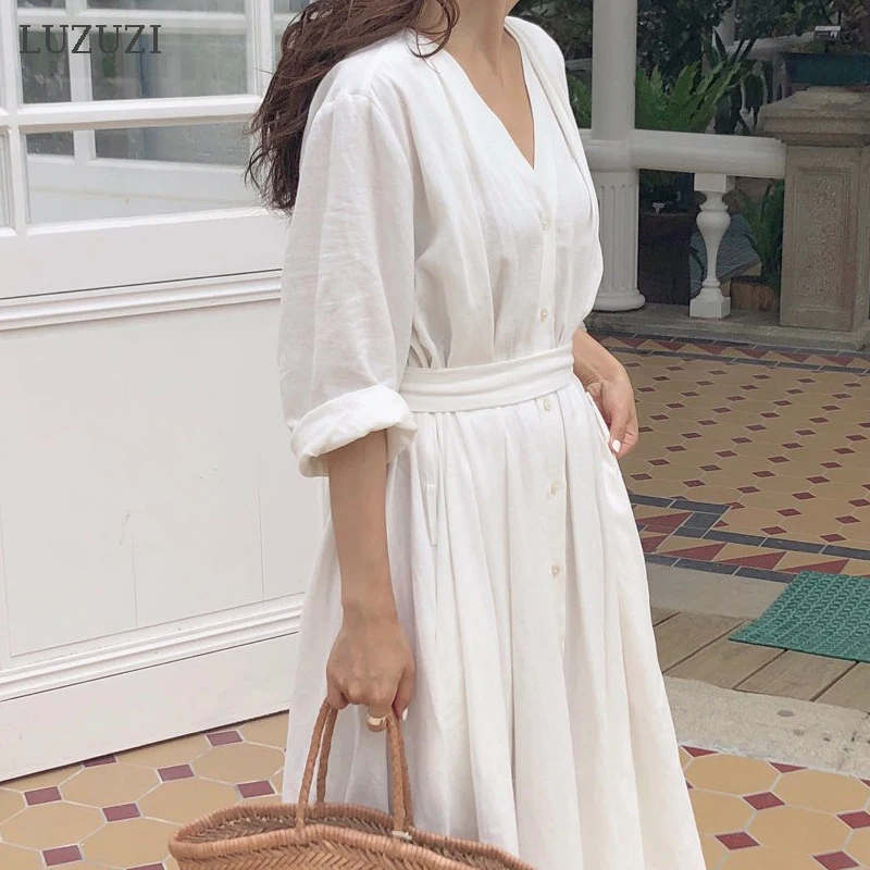 LUZUZI Новинка 2020 женские платья весна-лето хлопчатобумажные льняные элегантные