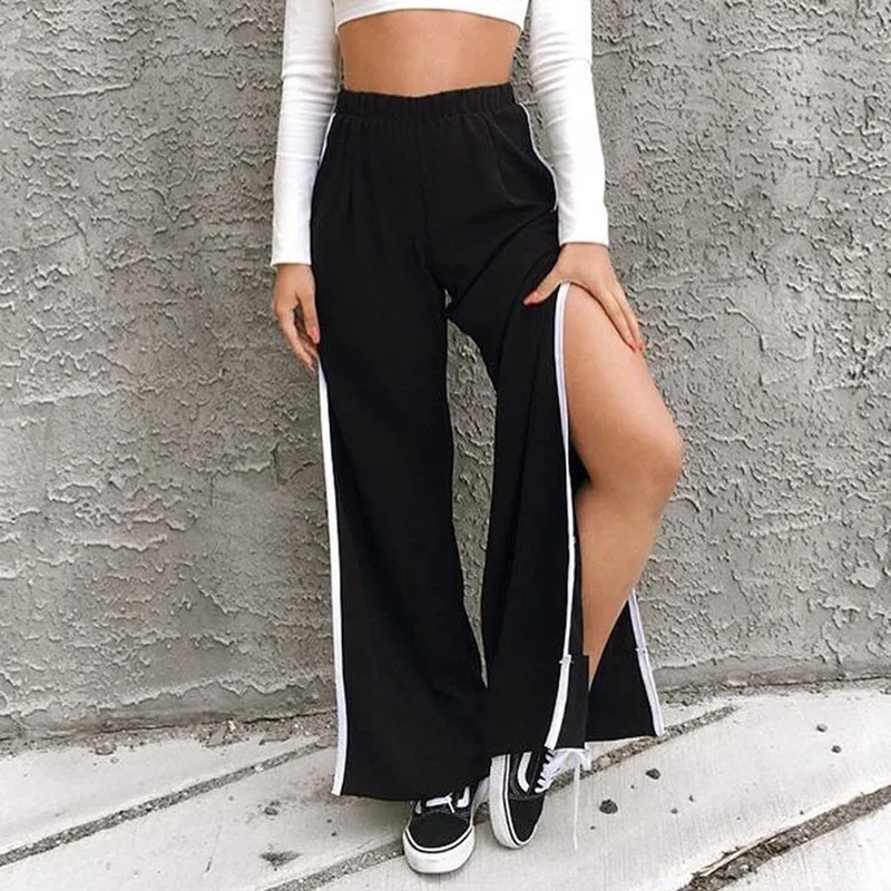 Lucyever Fashion Striped Wide Leg Pants Woman High Waist Loose Open Black Women Autumn Casual Streetwear Pantalon Femme | Женская одежда