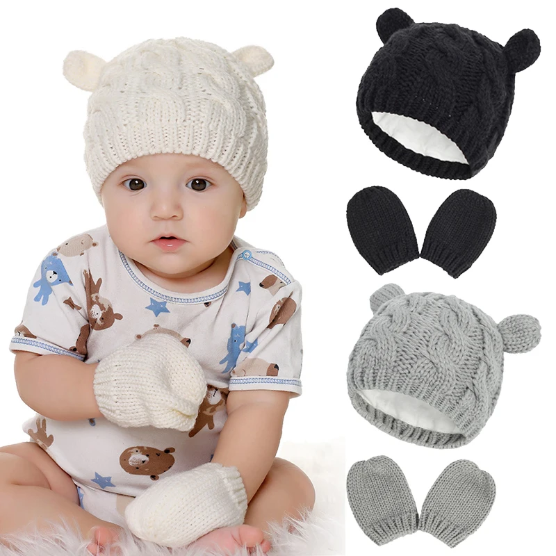 

Baby Hat and Mittens 2Pcs/Set Kids Knitted Beanie Cap Winter Warm Pompom Hats Gloves New Dropship