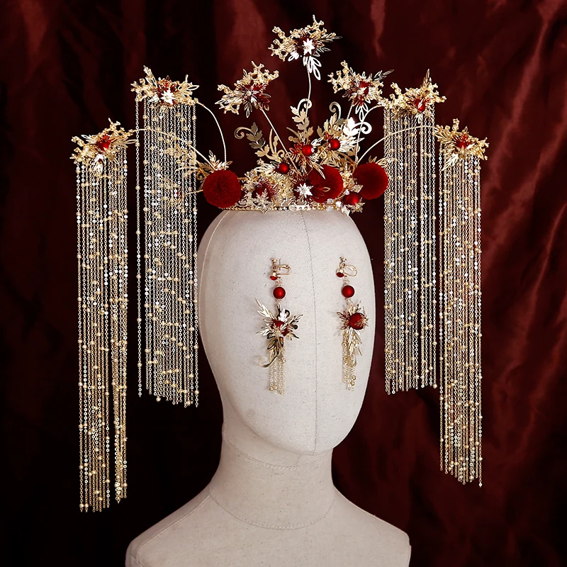 Традиционная китайская Свадебная Золотая Королевская корона для невесты