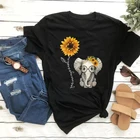 Женская футболка с принтом слона и подсолнуха, Повседневная футболка с коротким рукавом и круглым вырезом, топы для женщин, милая мультяшная футболка, женская одежда