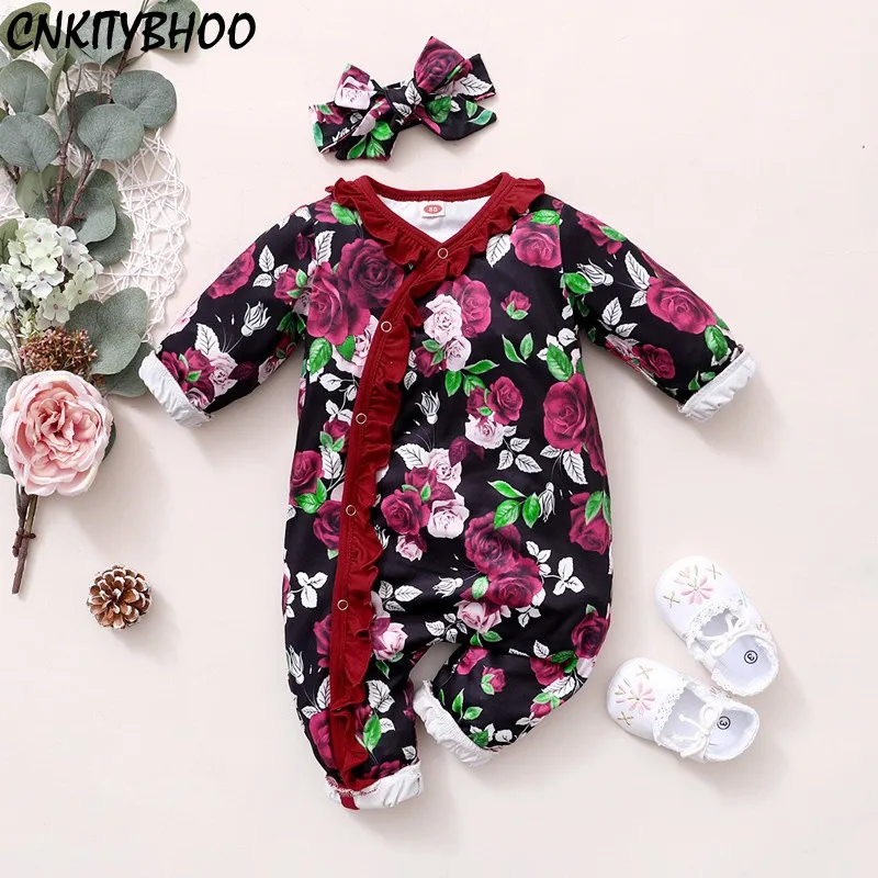 

Clothes For Newborns Floral Baby Girls Rompers Ruffles Jumpsuit For Toddler Kids and Headband Autumn Winter Baby Girl Clothes