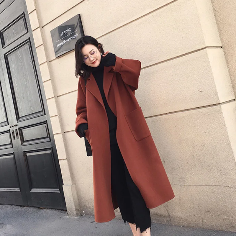 

High Quality Elegant Long Black Woolen Coat Women With Lace-up 2021 Autumn Winter New Plus Size Woolen Outerwear Abrigo Mujer