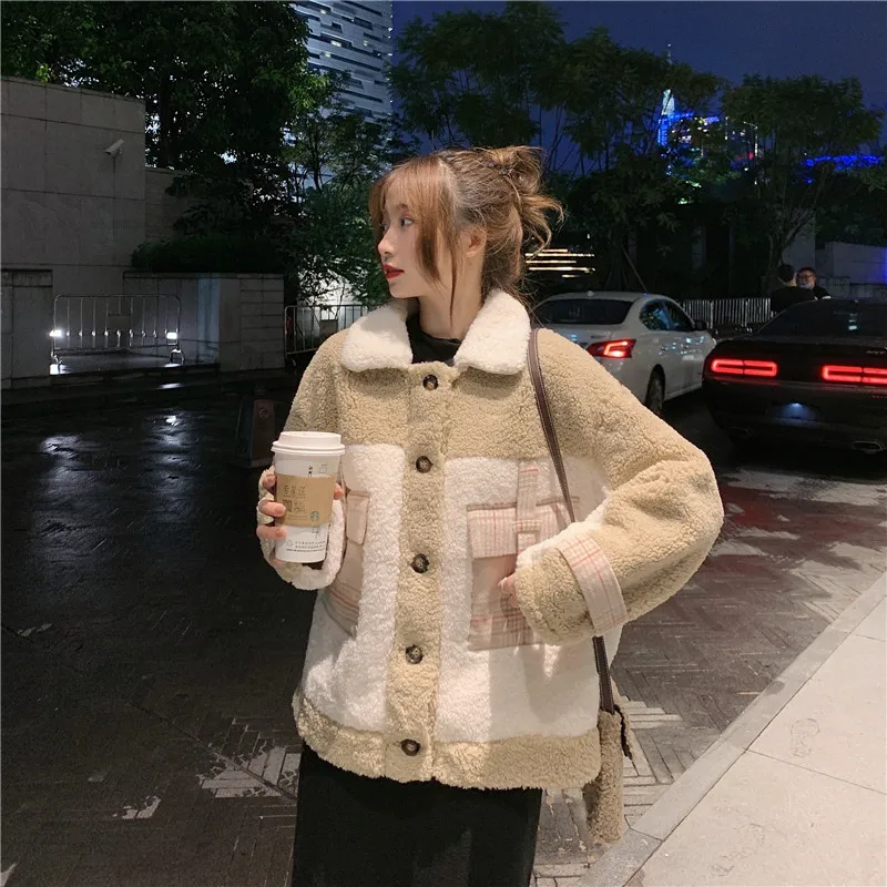 

Новинка, женское осенне-зимнее пальто, куртка из овечьей шерсти, свободная хлопковая Милая Корейская шикарная Мягкая Повседневная теплая ж...