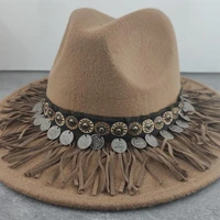 boho women wide brim wool felt fedora panama hat with belt buckle jazz trilby cap party formal top hat in brown
