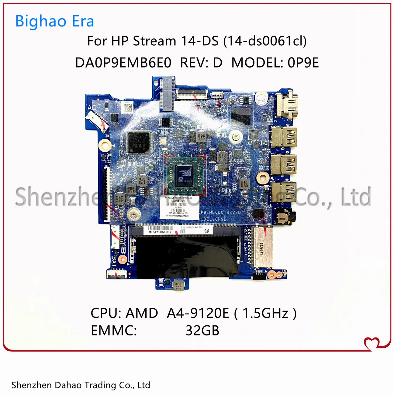 

L63884-601 L64589-601 For HP Stream 14-DS 14-ds0061cl 0P9E Laptop Motherboard DA0P9EMB6D0 Mainboard With A4-9120E CPU 32GB-EMMC