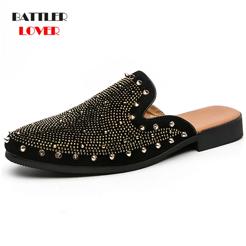 

Fashion Handmade Leather Rivet Mules For Men 2021 Soft Comfortable Casual Shoes Male Banquet Loafers Homme Party Flat Footwear