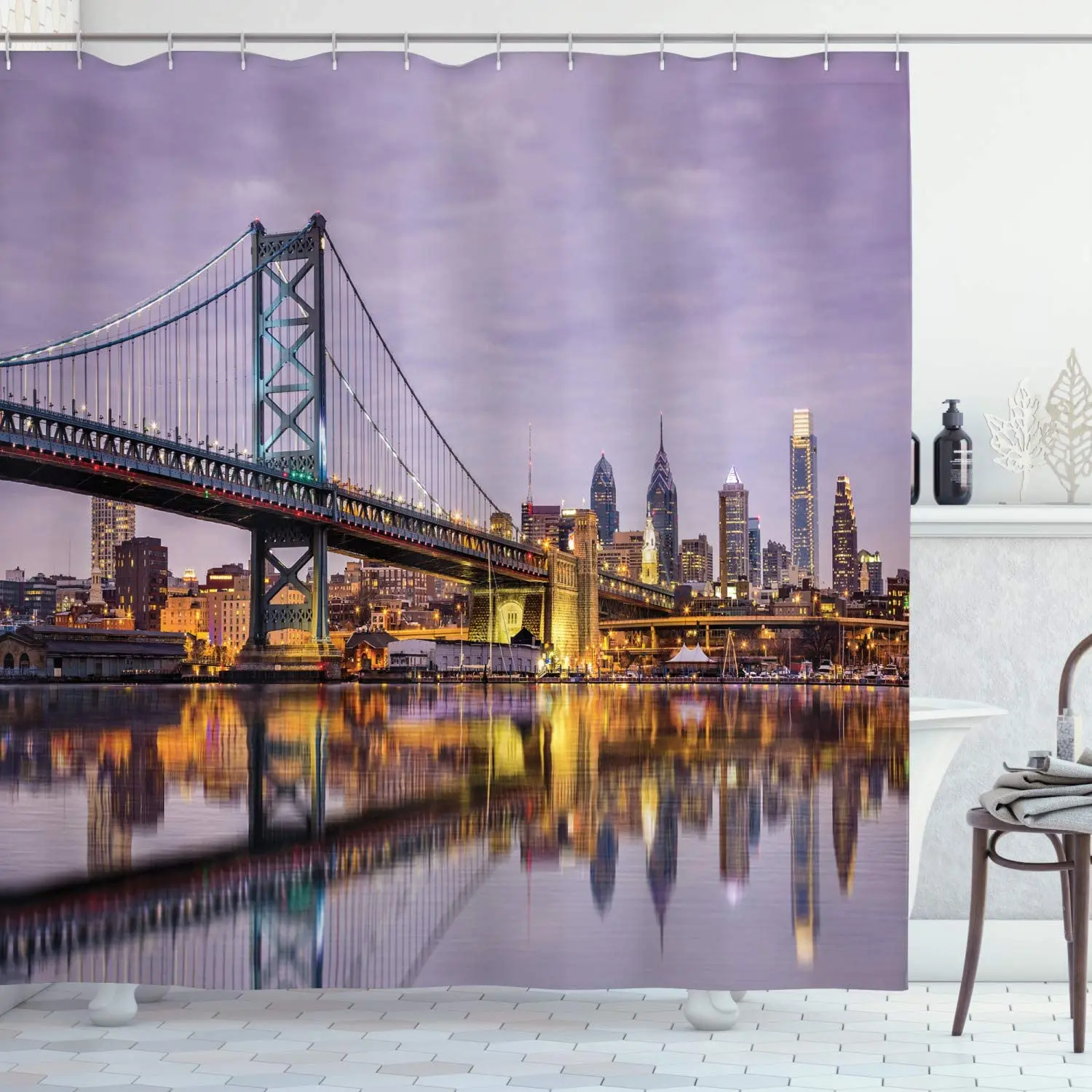 

USA Shower Curtain Ben Franklin Bridge and Philadelphia Skyline Setting Sun Reflections on Water Bathroom Decor Set with Hooks