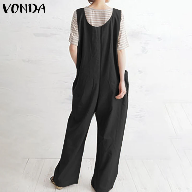 

5XL Summer Sleeveless OL Office Overalls VONDA Women Cotton Jumpsuits With Pockets Loose Solid Wide Leg Pantalones Harem Pants