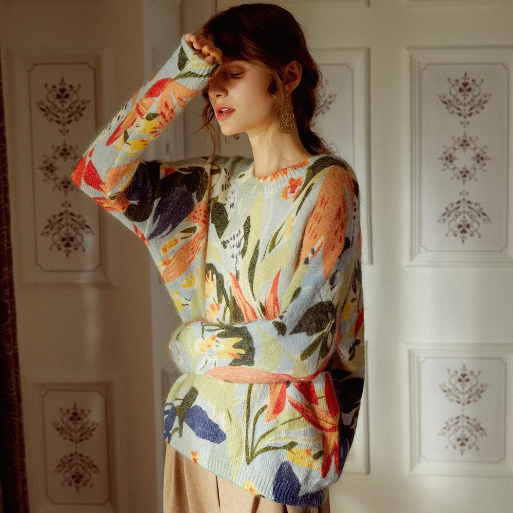 

Women's Mohair and Wool Sweater Oil Painting Colorful O-neck Long Sleeve Retro Spring Autumn Blend Knit Tops