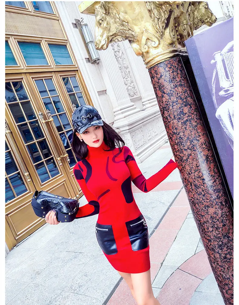 

Women 2021 Spring Autumn New Patchwork Sweater Dress Female Fashion Long Sleeve Knitted Dresses Ladies Slim Bodycon Vestidos D62