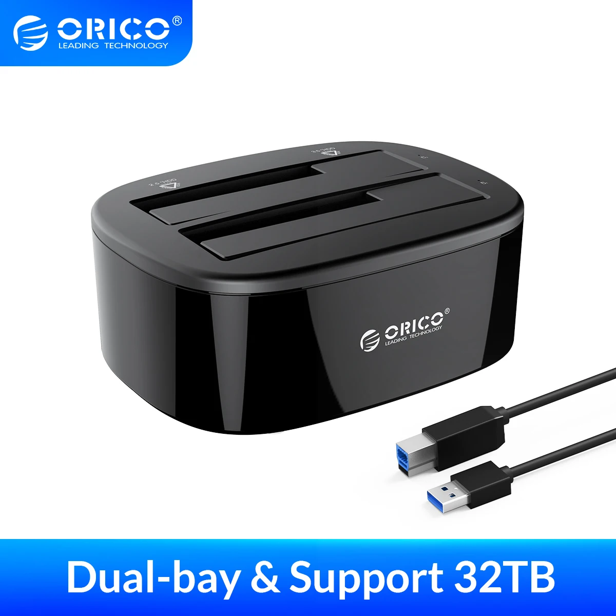 Док-станция ORICO на два жестких диска, 2,5/3,5 дюйма, SATA на USB 3,0, с адаптером питания 12 В 3 А - изображение