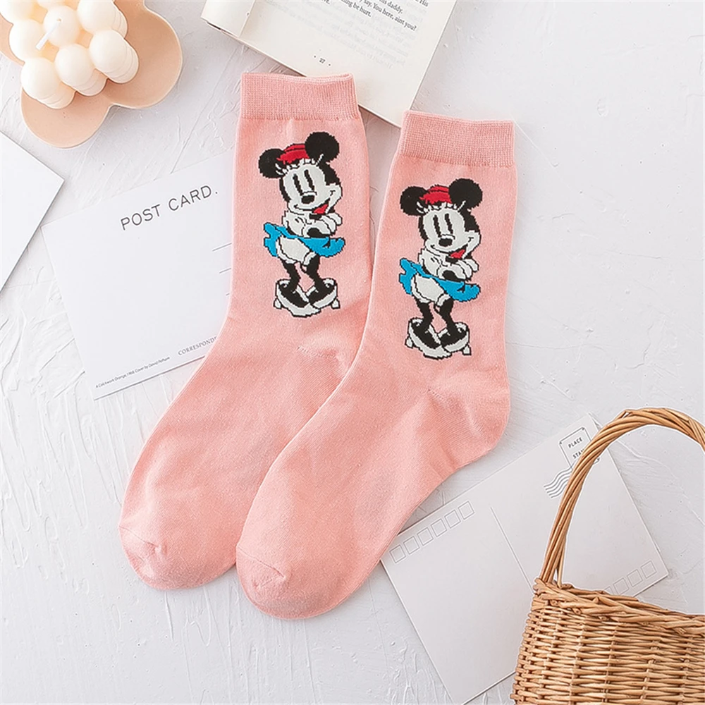 5 Pairs Disney Cartoon Mickey Minnie Mouse Mid-Length Socks Girls Socks Favorite Character Women Socks