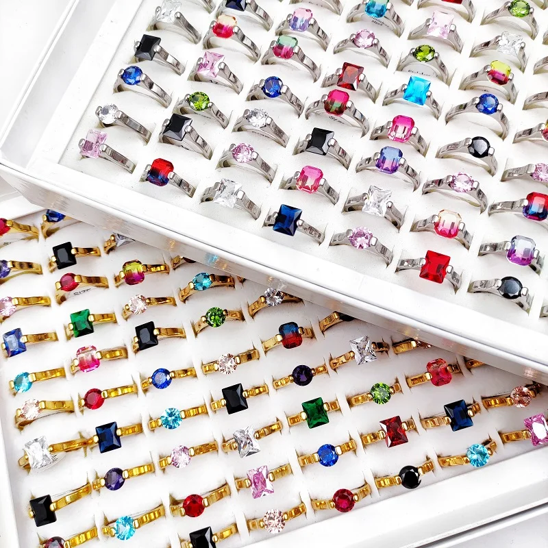 

30 Pcs/Lot Rainbow Zircon Rings For Women and Men Colorful Crystal Stainless Steel Sliver Gold PLated Jewelry Party Gift Anel