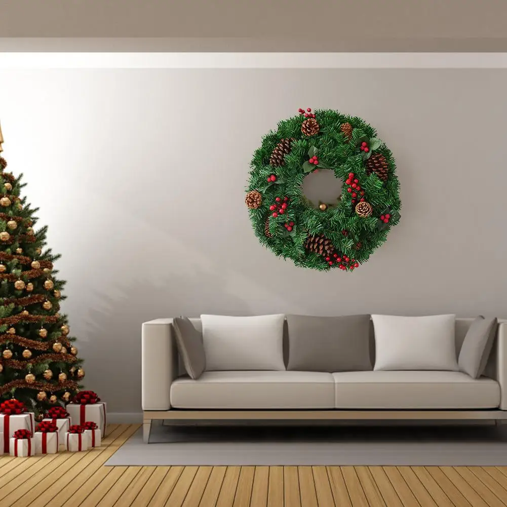 

40CM Christmas Wreath Pinecones Red Berries Handmade Wreath for Door Hanging Hotel Scene Layout