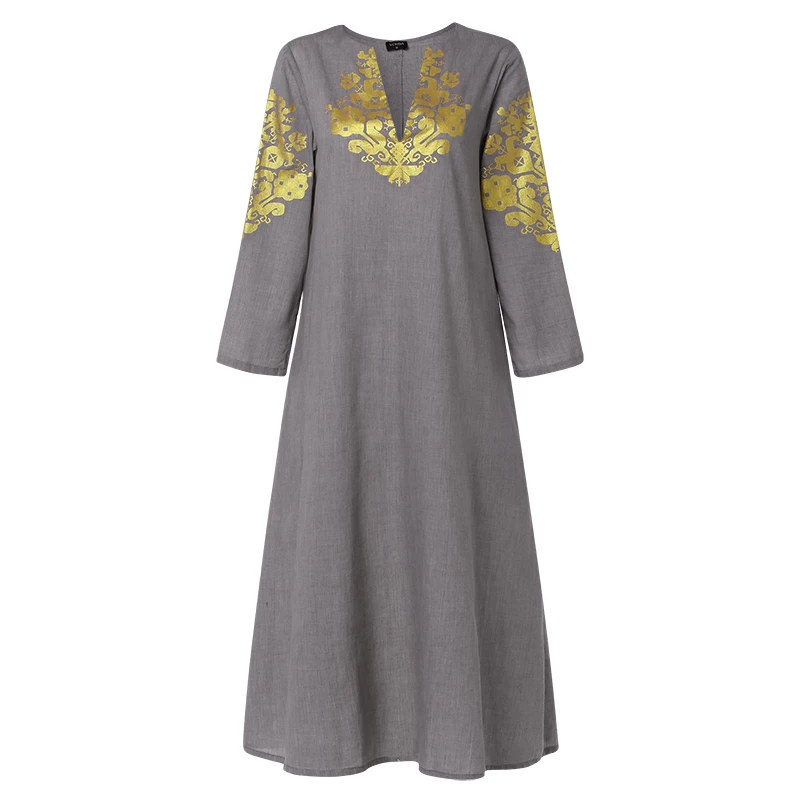 VONDA Maxi Long Dress Womens Cotton Vintage Printed Robe Femme Casual Loose Sundress Autumn Sexy V neck Party Vestidos Plus Size - Цвет: Серый
