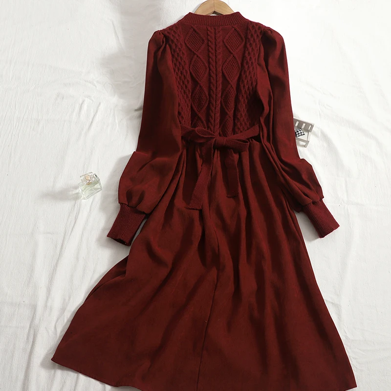 Женское трикотажное платье с круглым вырезом однотонное винтажное вельветовое