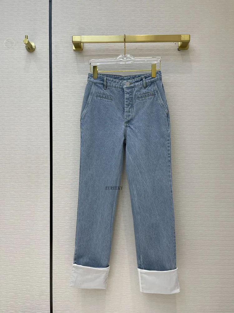 Женские джинсовые брюки синие с высокой талией прямые отворотом мультяшной