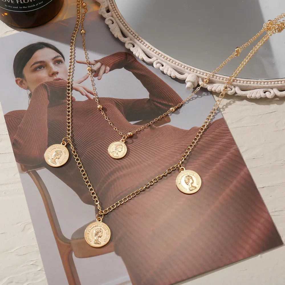 

Bohemian Multi-layer Coin Pendant Necklace for Women Gold Color Vintage Portrait Necklace Collar Fashion Jewelry Accessories