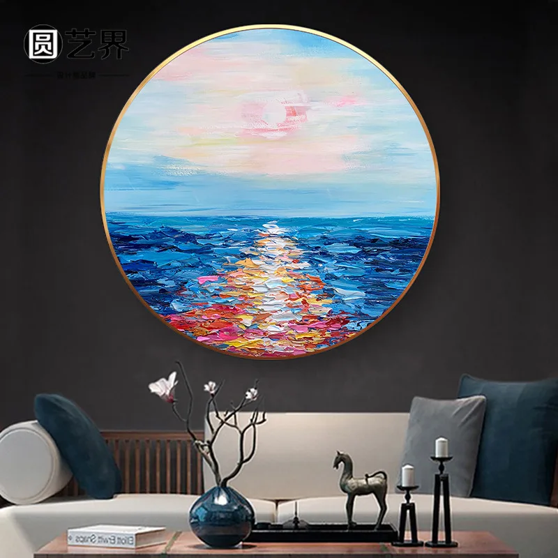 

Simple and beautiful hand-painted sea landscape oil painting round abstract sea view painting porch restaurant hanging painting
