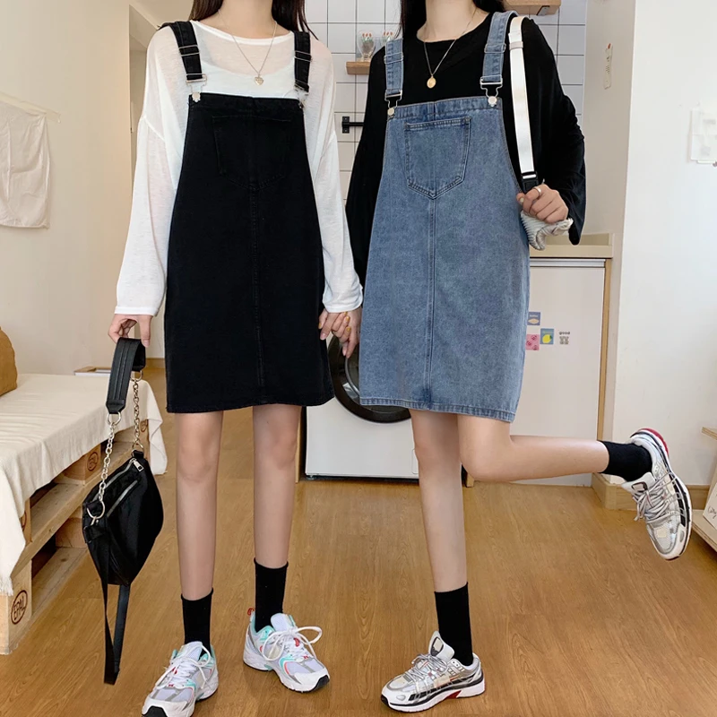 

Женская джинсовая юбка на подтяжках, универсальная Свободная юбка в Корейском стиле для студентов, весна 2021