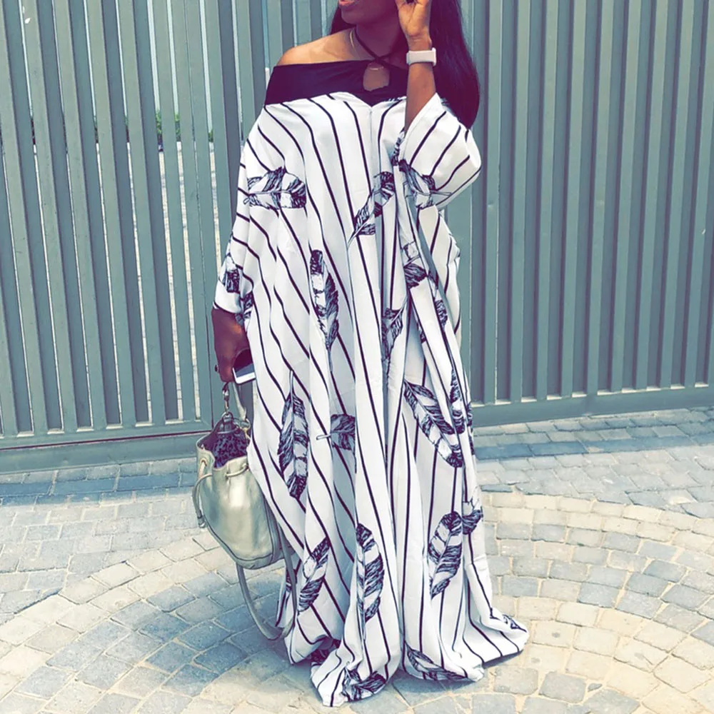 Осеннее Африканское модное белое длинное платье с принтом женское повседневное