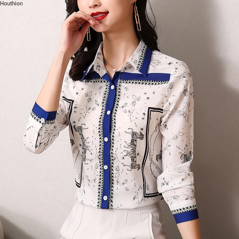 

Женская блузка с принтом, свободная рубашка-поло для девочек, летний модный Повседневный Топ с длинным рукавом, шифоновые женские блузы, дом...