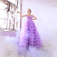 purple tulle ball gown wedding dress strapless modest backless high waist layered puffy tulle floor length evening party gown
