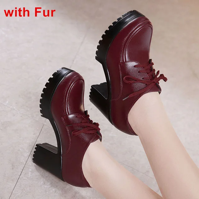 fur purple TIMETANGPlus/Большие размеры 34-43, кожаные туфли-лодочки Туфли-оксфорды г. Осенне-зимние женские туфли на высоком каблуке и платформе - Цвет: fur purple
