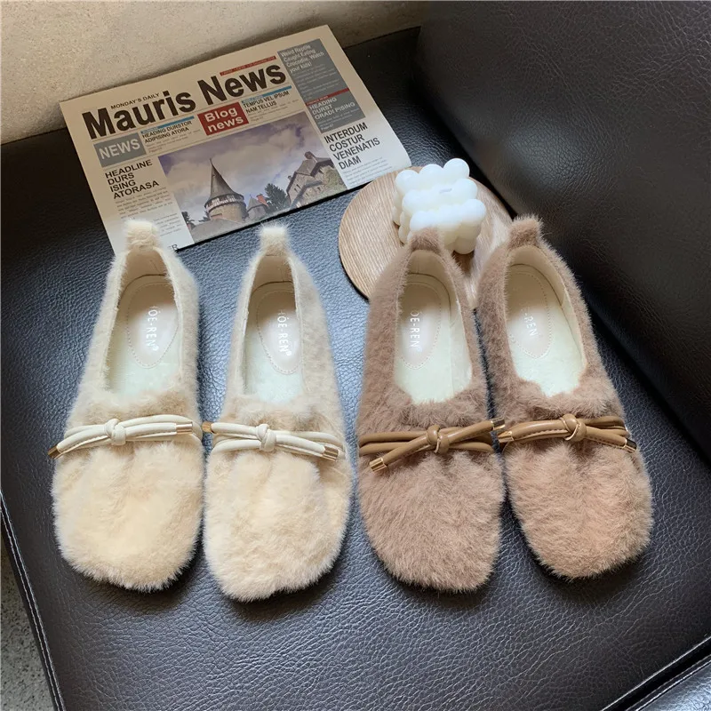 

Winter Shoes Women Female Footwear Round Toe Loafers Fur Shallow Mouth Casual Sneaker Modis Bow-Knot Autumn Dress New 2020