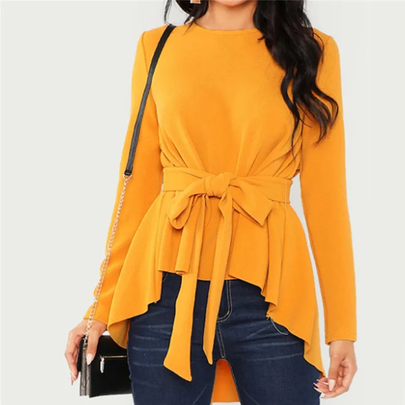 Women Blouse Shirt 2020 Female Clothing Long Sleeve Solid Women's Office Shirts Feminine Blouses Belts Ladies Tops