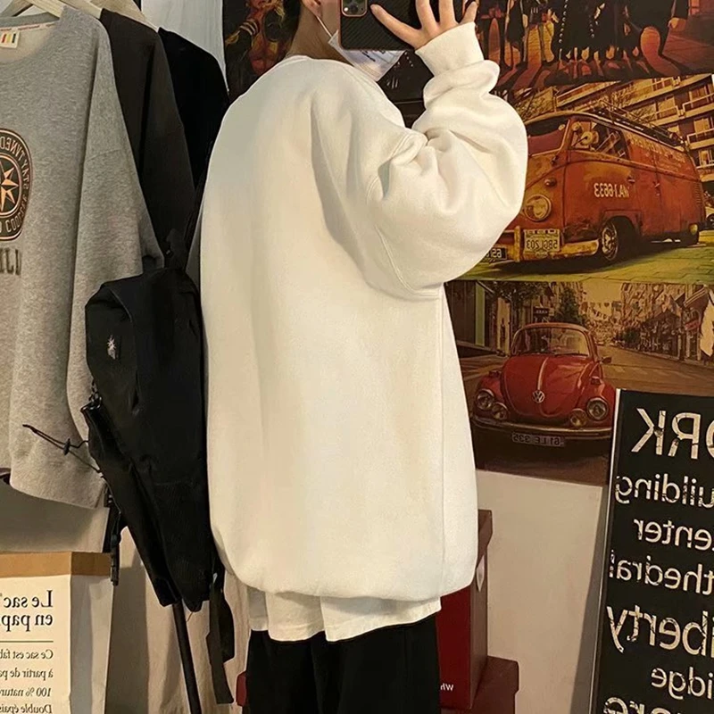 

Round Neck Plus Velvet Loose Trendy Casual Korean Style Autumn Winter 2020 New Long Sleeve Letter Print Gray White Black Tops